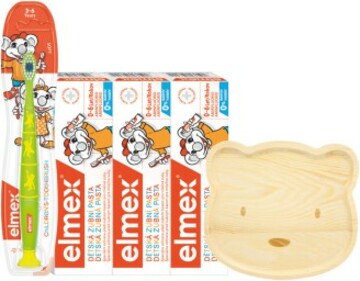 Elmex Dětský balíček – 3x zubní pasta 50ml, zubní kartáček 3-6 let + dřevěný talířek