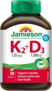 Jamieson Vitamíny K2 120mcg a D3 1000 IU 30 kapslí