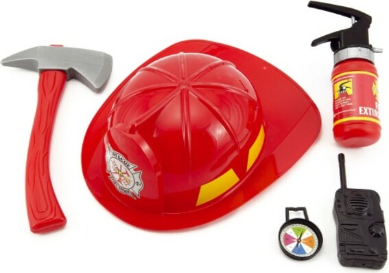 Hasičská sada helma + hasicí přístroj stříkací vodu plast 5ks