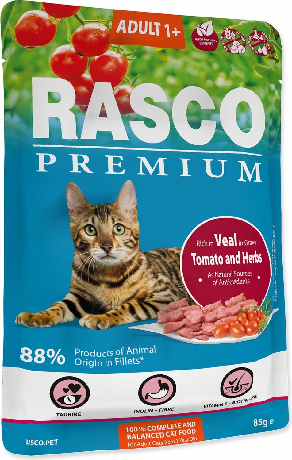 Kapsička Rasco Premium Adult telecí s rajčaty a bylinkami 85g
