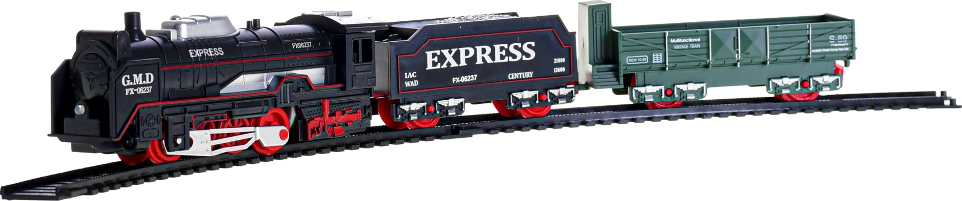 Vlak retro s vagóny a dráhou na baterie se světlem v krabičce
