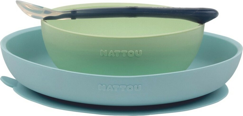 NATTOU Set jídelní silikonový 3 ks zeleno-modrý bez BPA