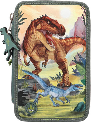 Penál s výbavou Dino World, Zelený, T-Rex a Coelophysis, třípatrový