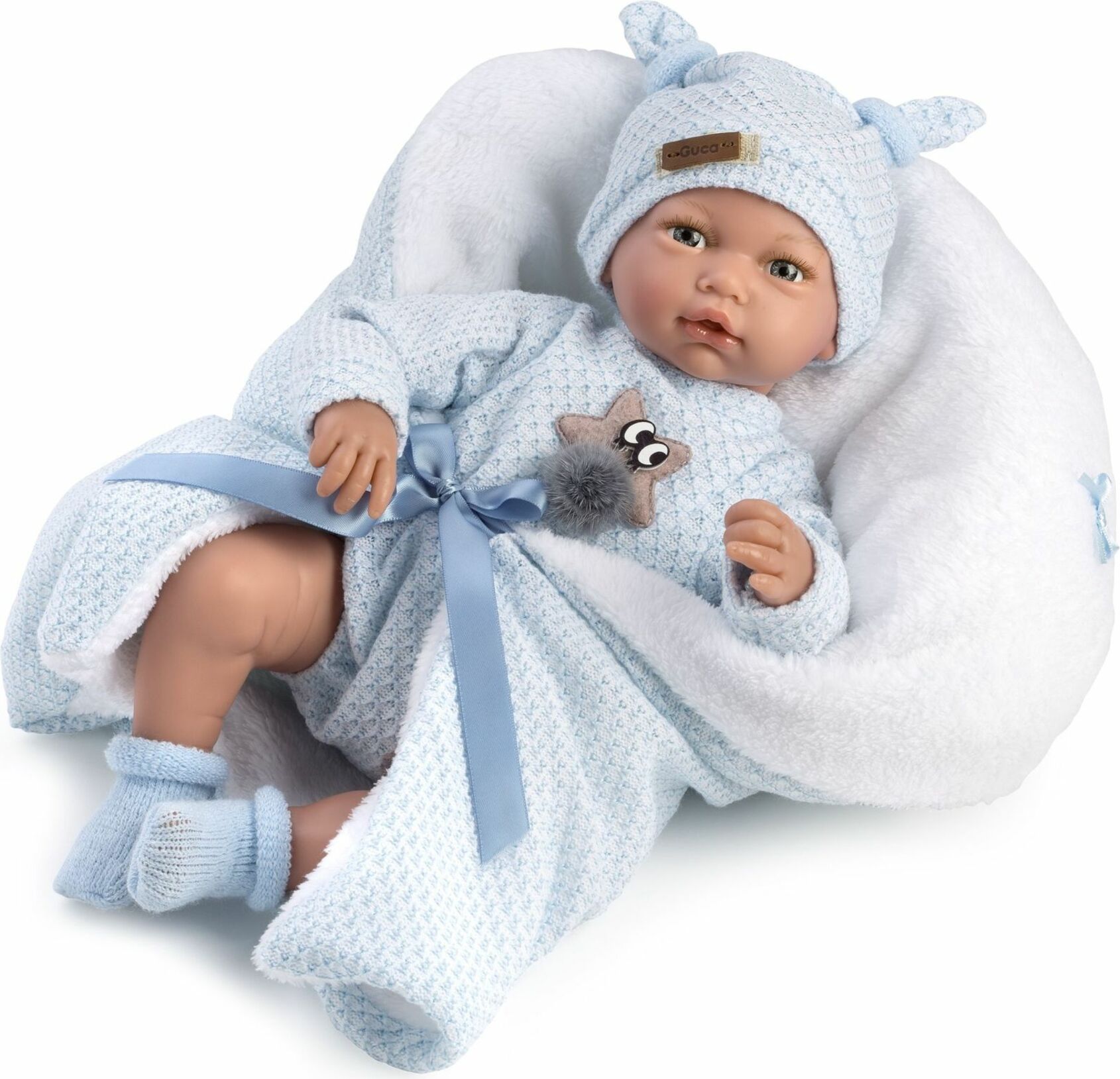 Guca 10221 HUGO - realistická panenka miminko se zvuky a měkkým látkovým tělem - 38 cm