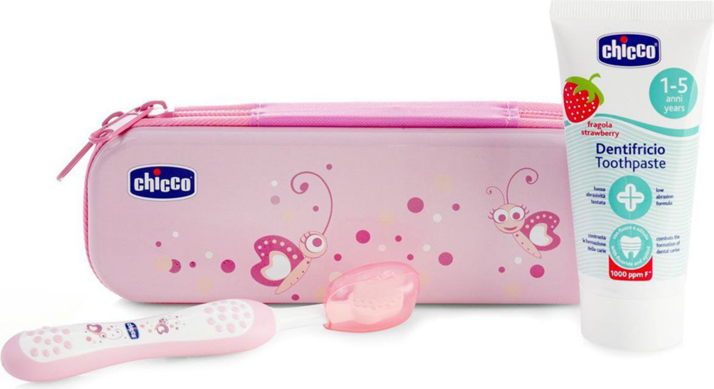 CHICCO Set zubní kartáček a pasta s fluorem v pouzdře Always Smiling růžová 12m+