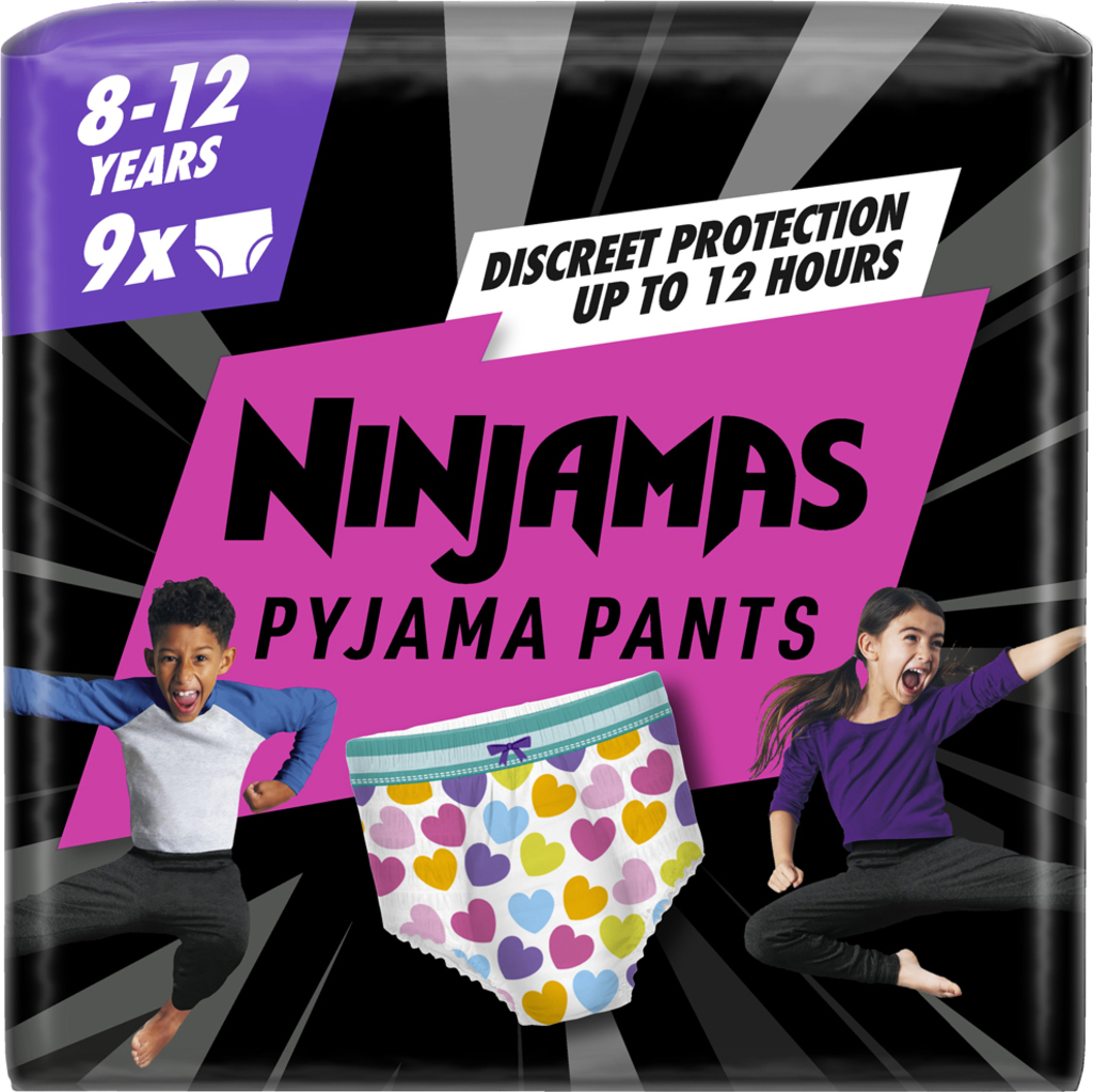 PAMPERS Kalhotky plenkové Ninjamas Pyjama Pants Srdíčka, 9 ks, 8 let, 27kg-43kg