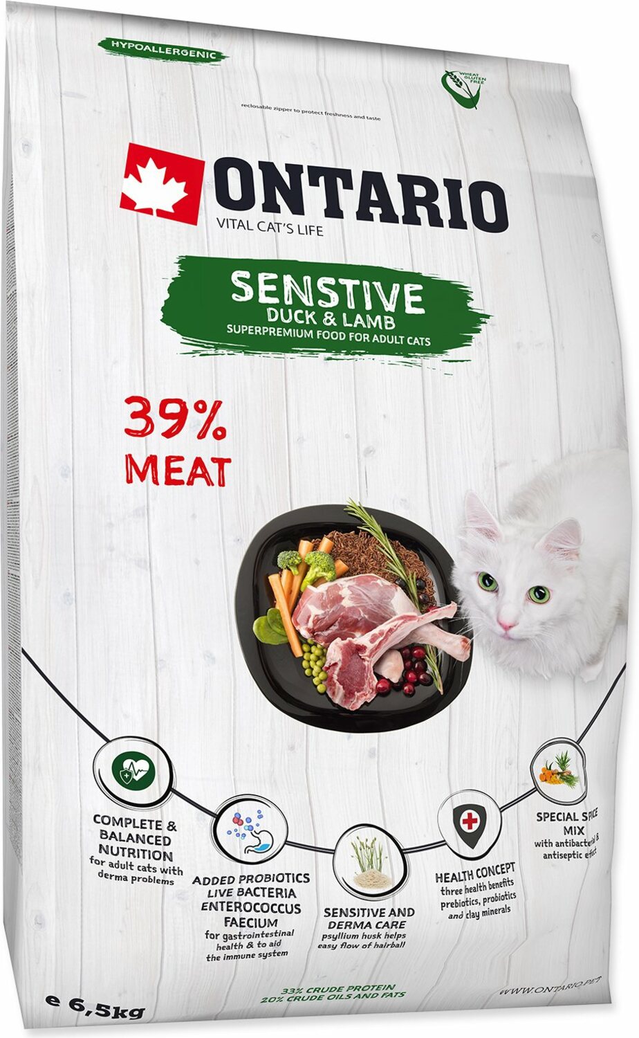 Krmivo Ontario Cat sensitive/Derma 6,5kg