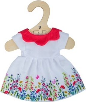 Bigjigs Toys Bílé květinové šaty s červeným límcem pro panenku 28 cm