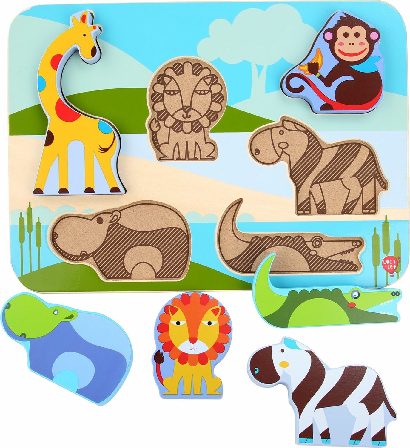 Lucy & Leo 224 Zvířátka ze safari- dřevěné vkládací puzzle 7 dílů
