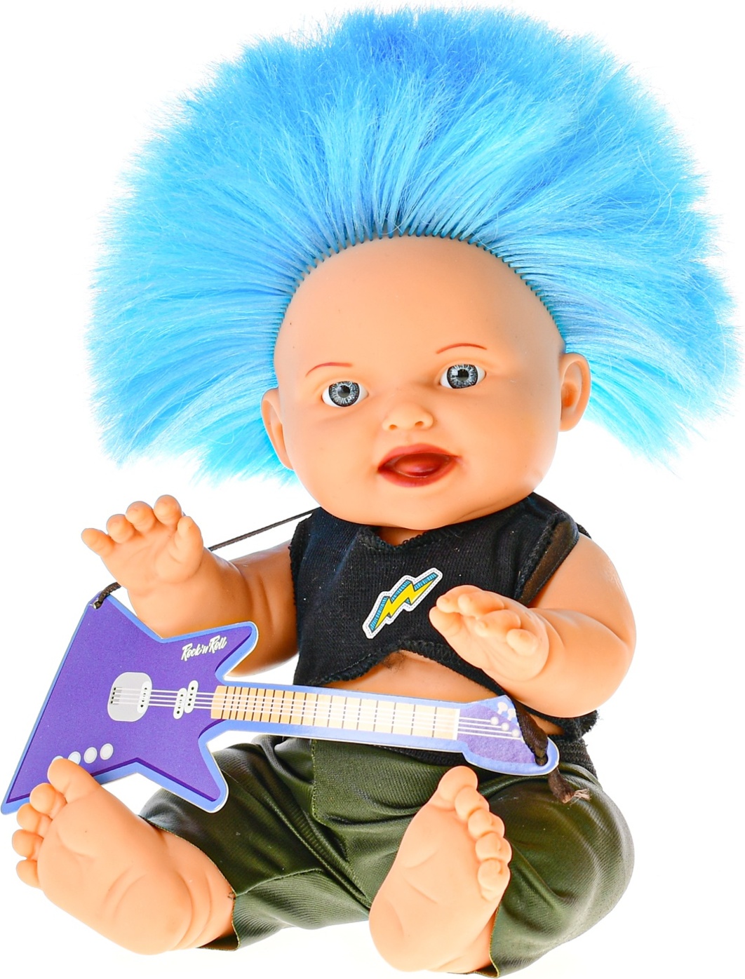 Panenka 23cm s modrým punk účesem a kytarou