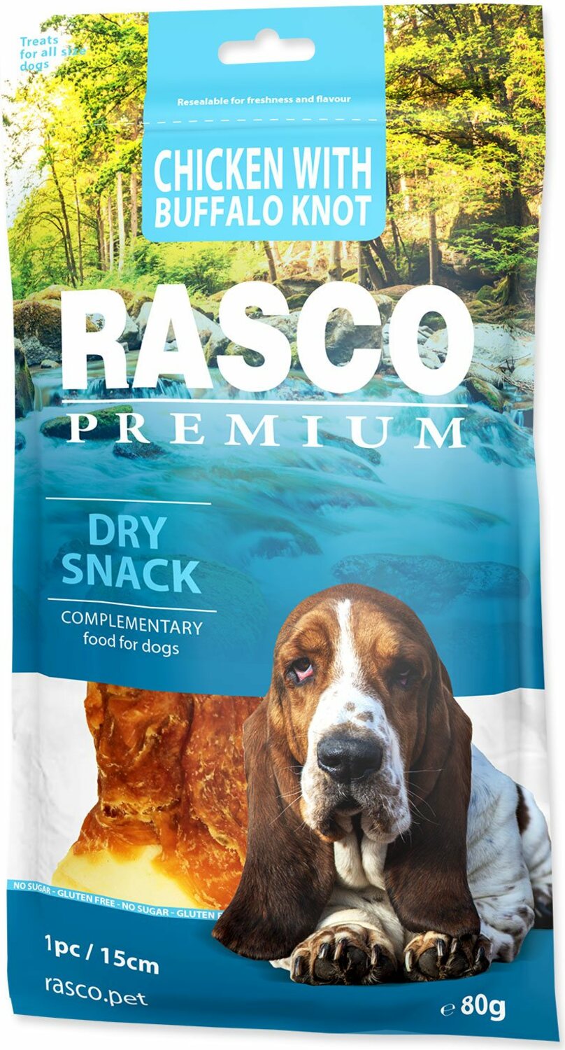 Pochoutka Rasco Premium buvolí kůže obalená kuřecím masem, uzel 15cm 80g