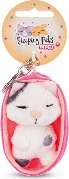 NICI klíčenka Spící kočička 8cm flekatá, košík růžový