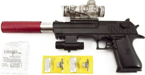 Pištoľ plast/kov 33cm na vodné guličky + náboje 9-11mm na batérie so svetlom