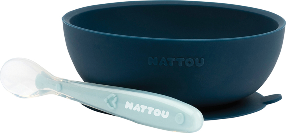Natty Set jídelní silikonový 2 ks miska a lžička modrý bez BPA