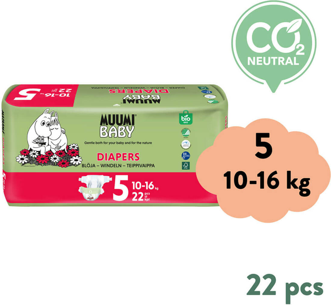 Muumi Baby 5 Maxi+ 10-16 kg (22 ks), eko pleny