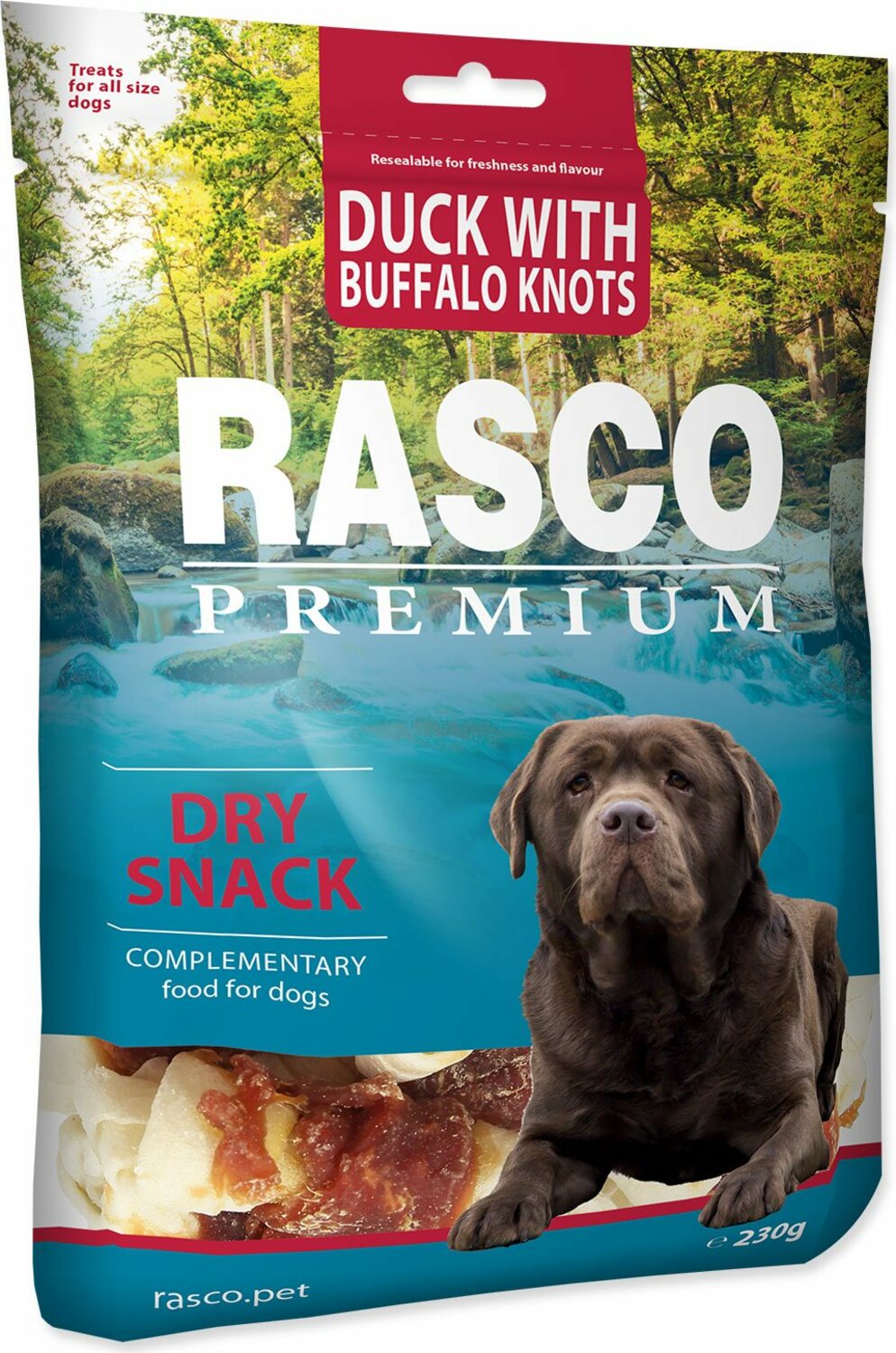 Pochoutka Rasco Premium buvolí kůže s kachním masem, uzly 5cm 230g