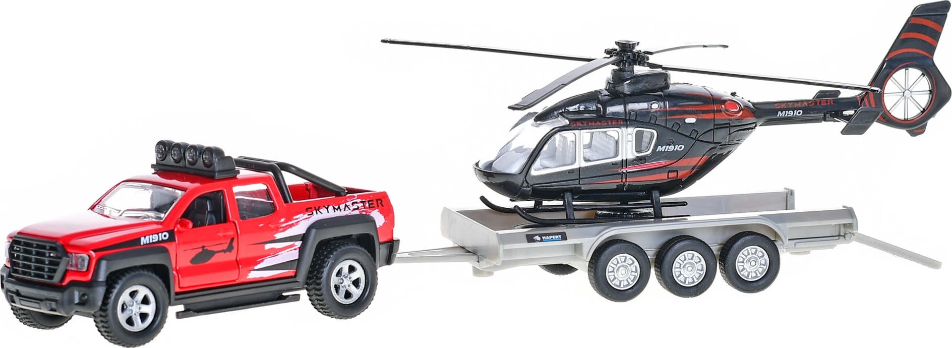 Kids Globe Traffic auto terénní 13cm kov na zpětný chod s přívěsem + helikoptéra 20cm