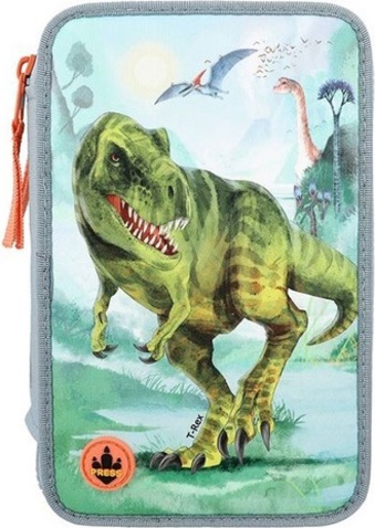 Penál s výbavou Dino World, Třípatrový, šedo-modrý, T-Rex, světelný efekt