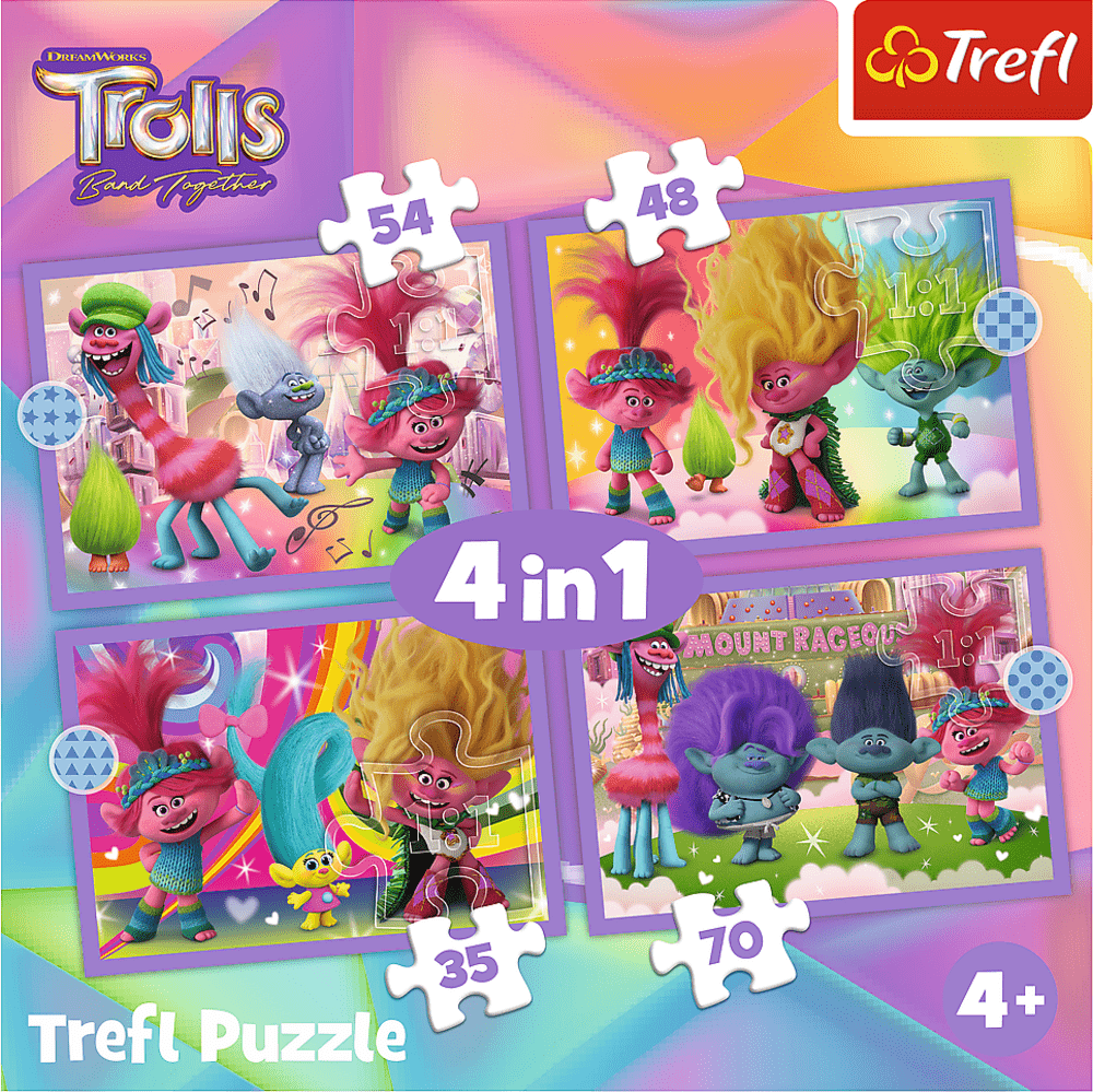 Trefl Puzzle 4v1 - Dobrodružství barevných Trollů / Universal Trolls 3 (2023)
