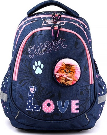 Studentský batoh Target, Tmavě modrý, nalepovací kočička/pes na suchý zip, nápis Love