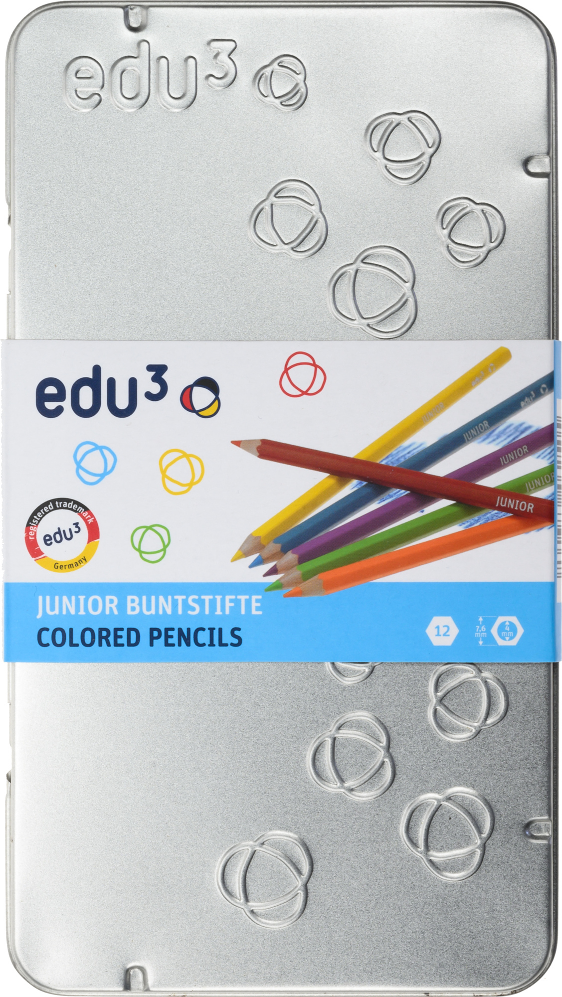 EDU3 Junior šestihranné pastelky, tuha 4 mm, 12 barev v kovové krabičce