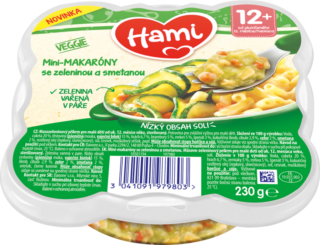 HAMI Příkrm v talířku Mini-makarony se zeleninou a smetanou 230g, 12+