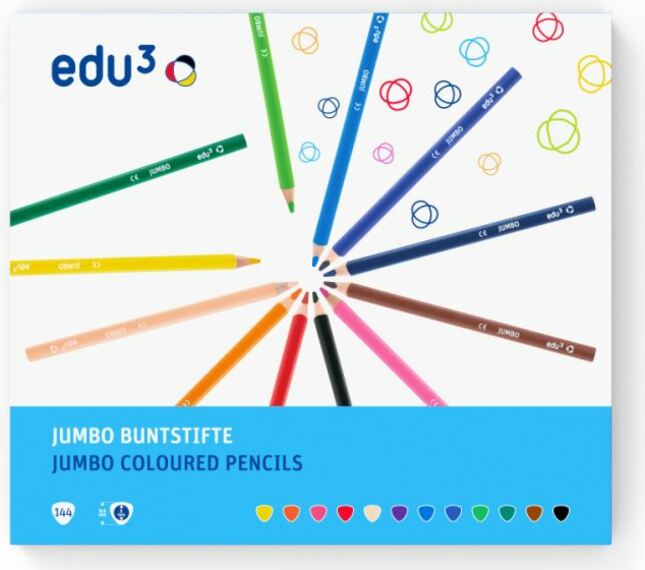 EDU3 Jumbo trojhranné pastelky K144, tuha 5 mm, 144 ks/12 barev v kartonovém školním boxu