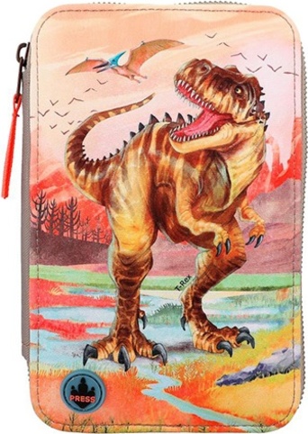 Penál s výbavou Dino World, Hnědý T-Rex, třípatrový, se světelným efektem