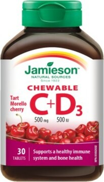 Jamieson Vitamíny C a D3 500 mg/500 IU tablety na cucání s příchutí třešně 30 tablet