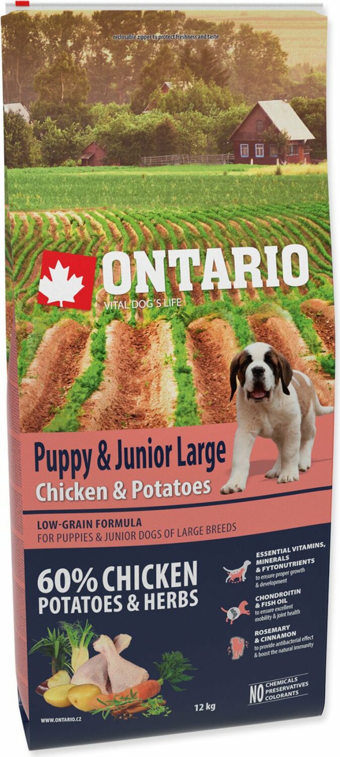 Krmivo Ontario Puppy & Junior Large Chicken & Potatoes 12kg