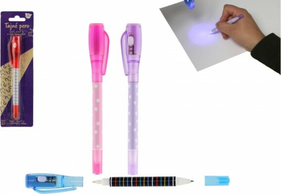 Tajné pero s neviditelným inkoustem a ÚV světlem + pera plast 15cm na baterie 4 barvy