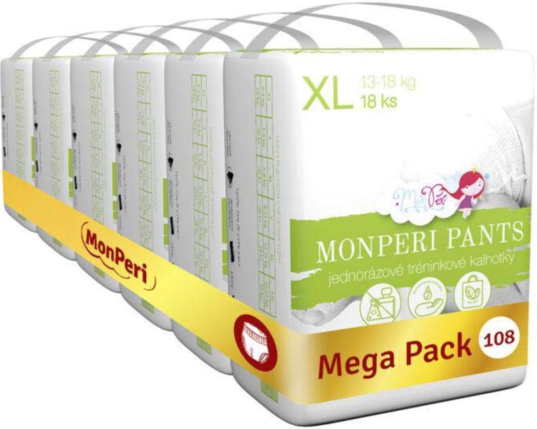 MONPERI PANTS Kalhotky plenkové jednorázové XL (13-18 kg) 108 ks - Mega Pack