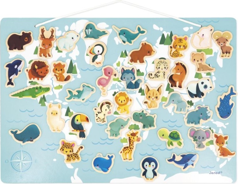 Janod Magnetická hračka pro děti Mapa Zvířátka světa 40 ks magnetek