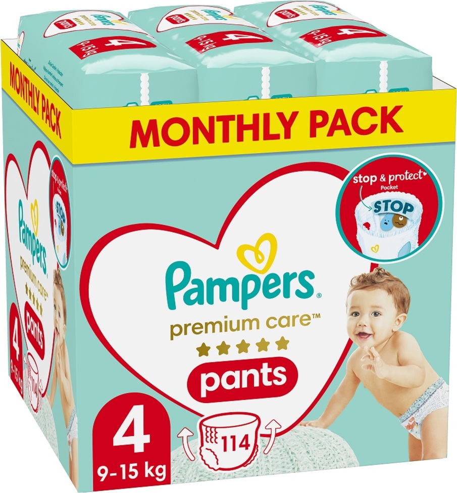 PAMPERS Premium Care Kalhotky plenkové vel. S 4 (9-15 kg) 114 ks