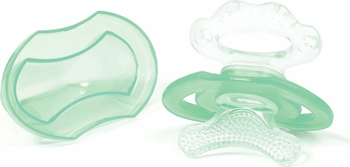 Kousátko silikonových bez BPA ve tvaru dudlíku s krytem zelená 3m +