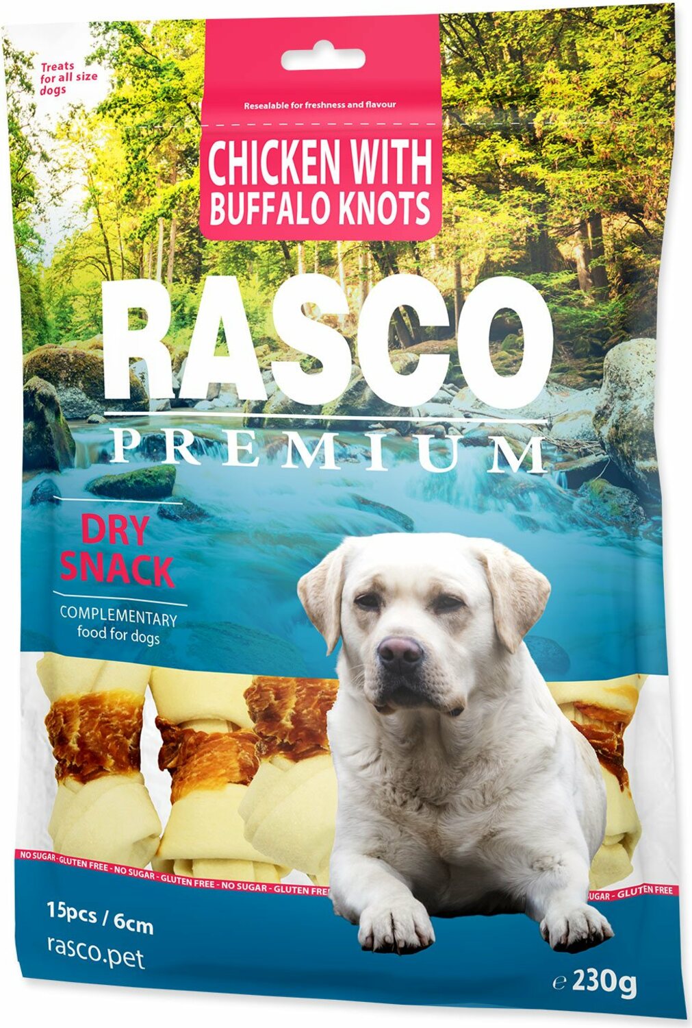 Pochoutka Rasco Premium buvolí kůže obalená kuřecím masem, uzly 6cm 230g