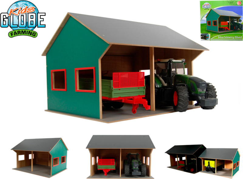 Kids Globe Farming dřevěná garáž 44x53x37cm 1:16 pro 2 traktory
