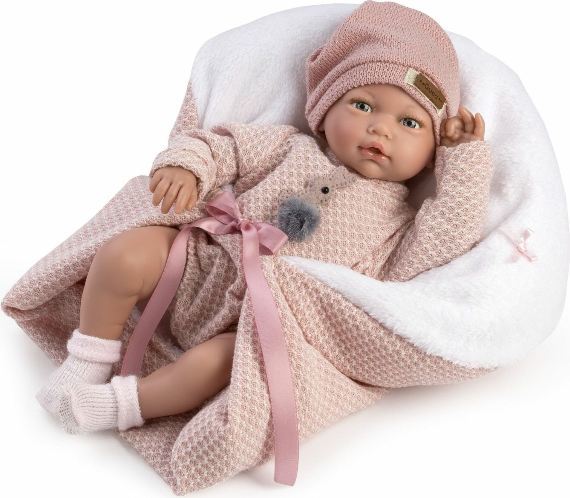 Guca 10220 BLANCA - realistická panenka miminko se zvuky a měkkým látkovým tělem - 38 cm