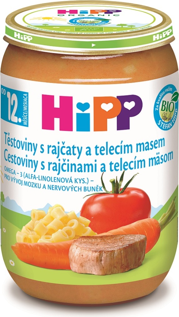 HiPP BIO Těstoviny s rajčaty a telecím masem od 12. měsíce, 220 g