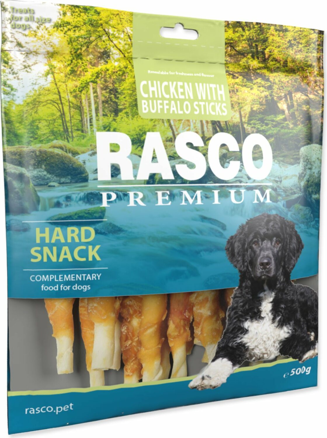 Pochoutka Rasco Premium buvolí kůže obalená kuřecím masem, tyčinky 500g