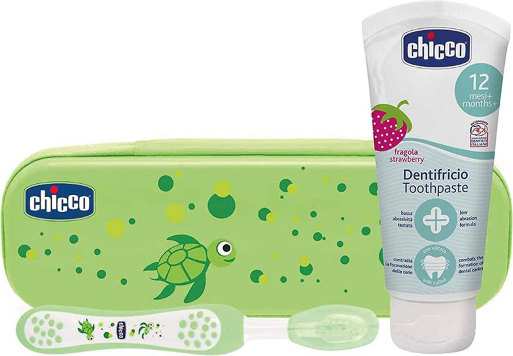 CHICCO Set zubní kartáček a pasta s fluorem v pouzdru Always Smiling zelená 12m+