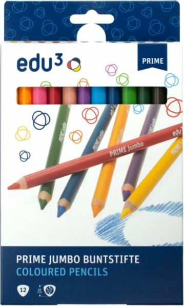 EDU3 Prime Jumbo trojhranné pastelky K12, tuha 6,25 mm, 12 barev v papírové krabičce