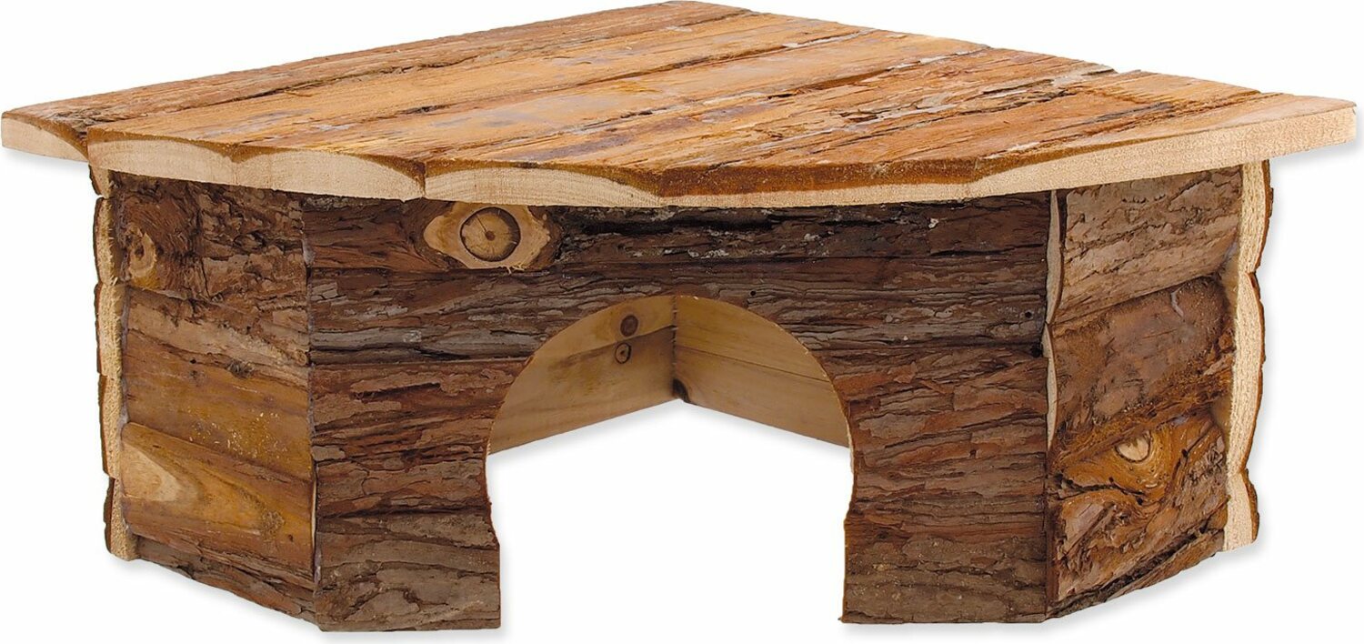 Domeček Small Animals Rohový dřevěný s kůrou 30x30x16cm
