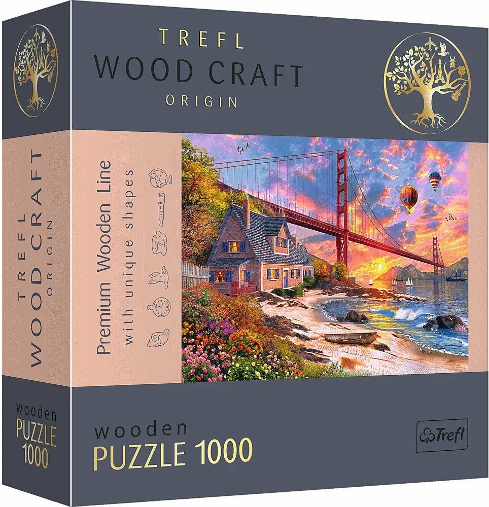 Trefl Dřevěné puzzle 1000 - Západ slunce nad mostem Golden Gate