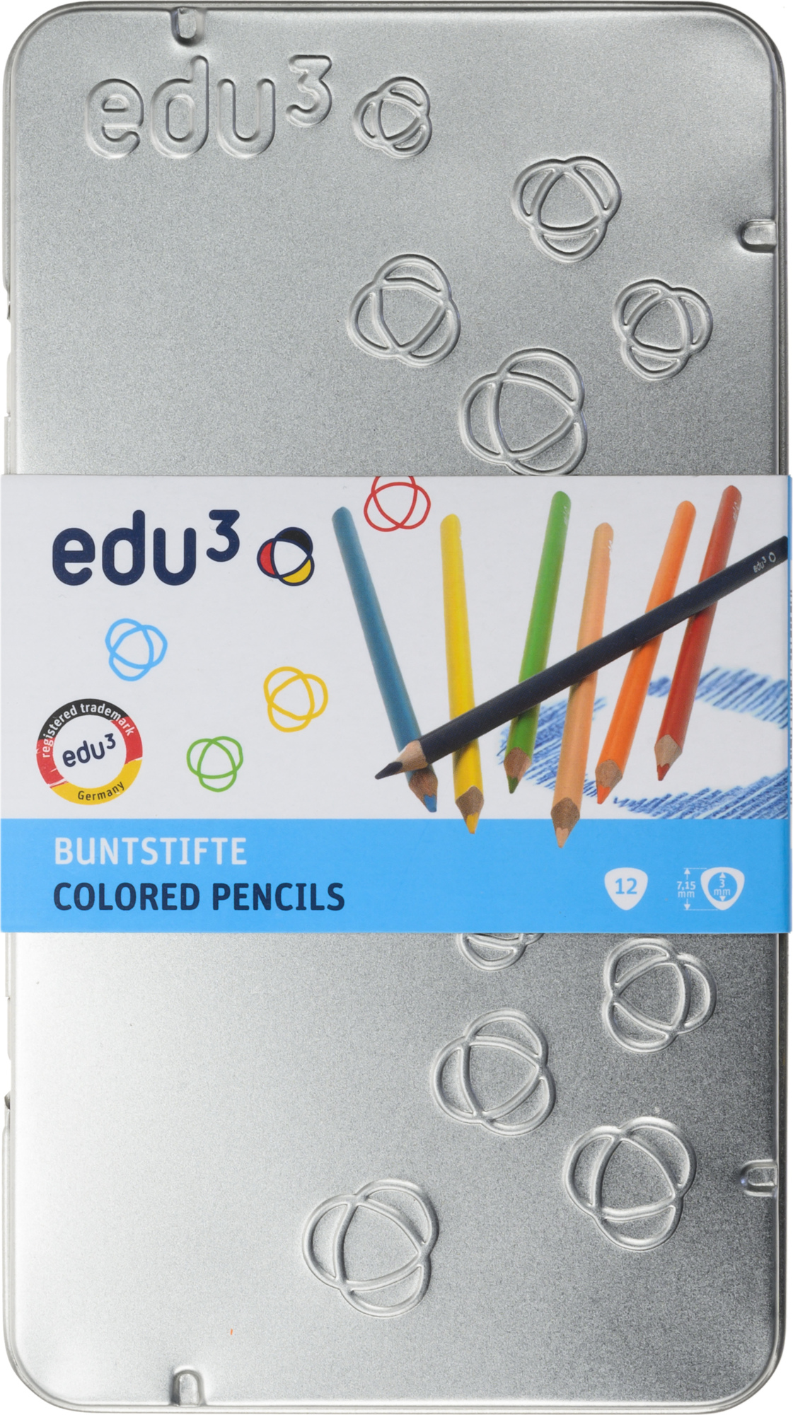 EDU3 Tříhranné pastelky K12, tuha 3 mm, 12 barev v kovové krabičce