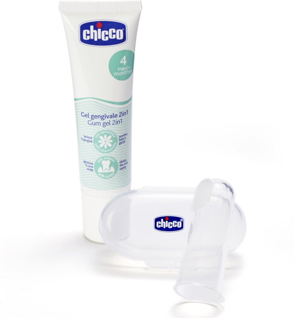 CHICCO Set zubní uklidňující gel a kartáček na prst s pouzdrem 4m+