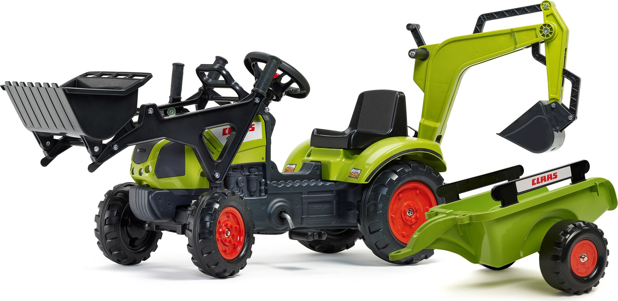AKCE - FALK Šlapací traktor 2040N Claas Arion 410 s nakladačem, rypadlem a vlečkou