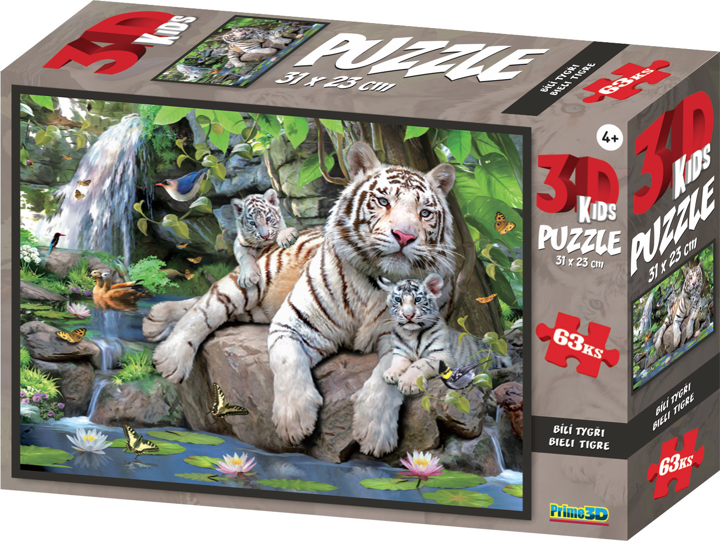 PRIME 3D PUZZLE - Bílé tygři 63 dílků