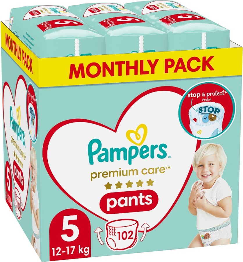 PAMPERS Premium Care Kalhotky plenkové vel. S 5 (12-17 kg) 102 ks