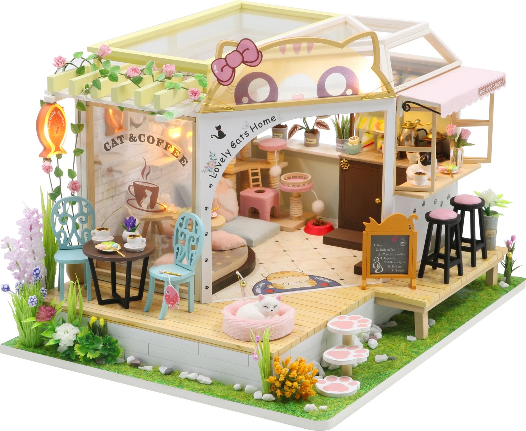 Miniatura domku Kočičí kavárna se zahrádkou